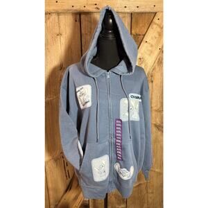NWT Disney Stitch Multi-Patch Women's Full Zip Hoodie Size XXL Blue Distressed